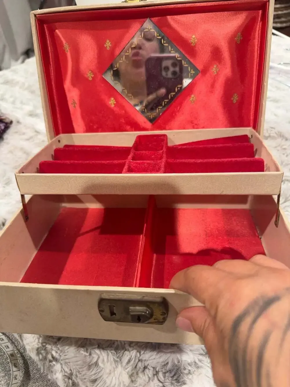 Vintage Mid-Century Jewelry Box with Red Velvet Interior and Mirror